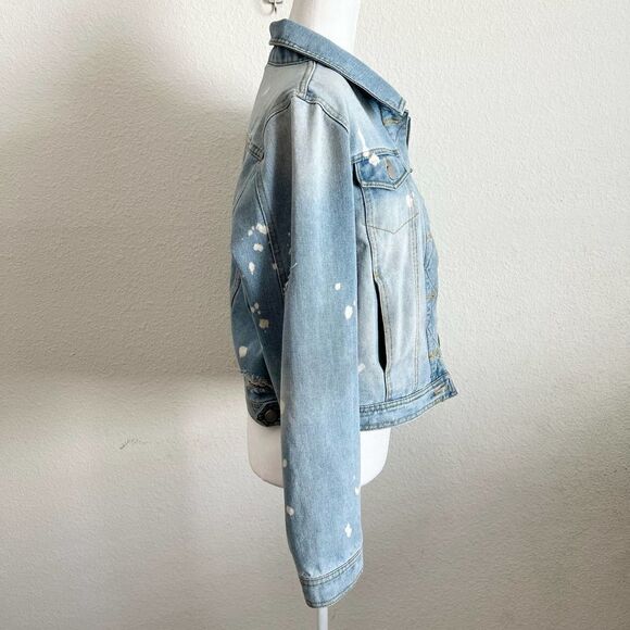 ACTIVE USA Denim Light Wash Distressed Paint Splatter Trashed Blue Jean Jacket L - Picture 4 of 6